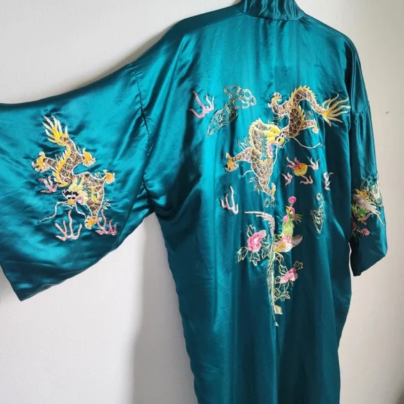 Vintage Silk Robe Phoenix Dragon Motif Teal Blue Medium